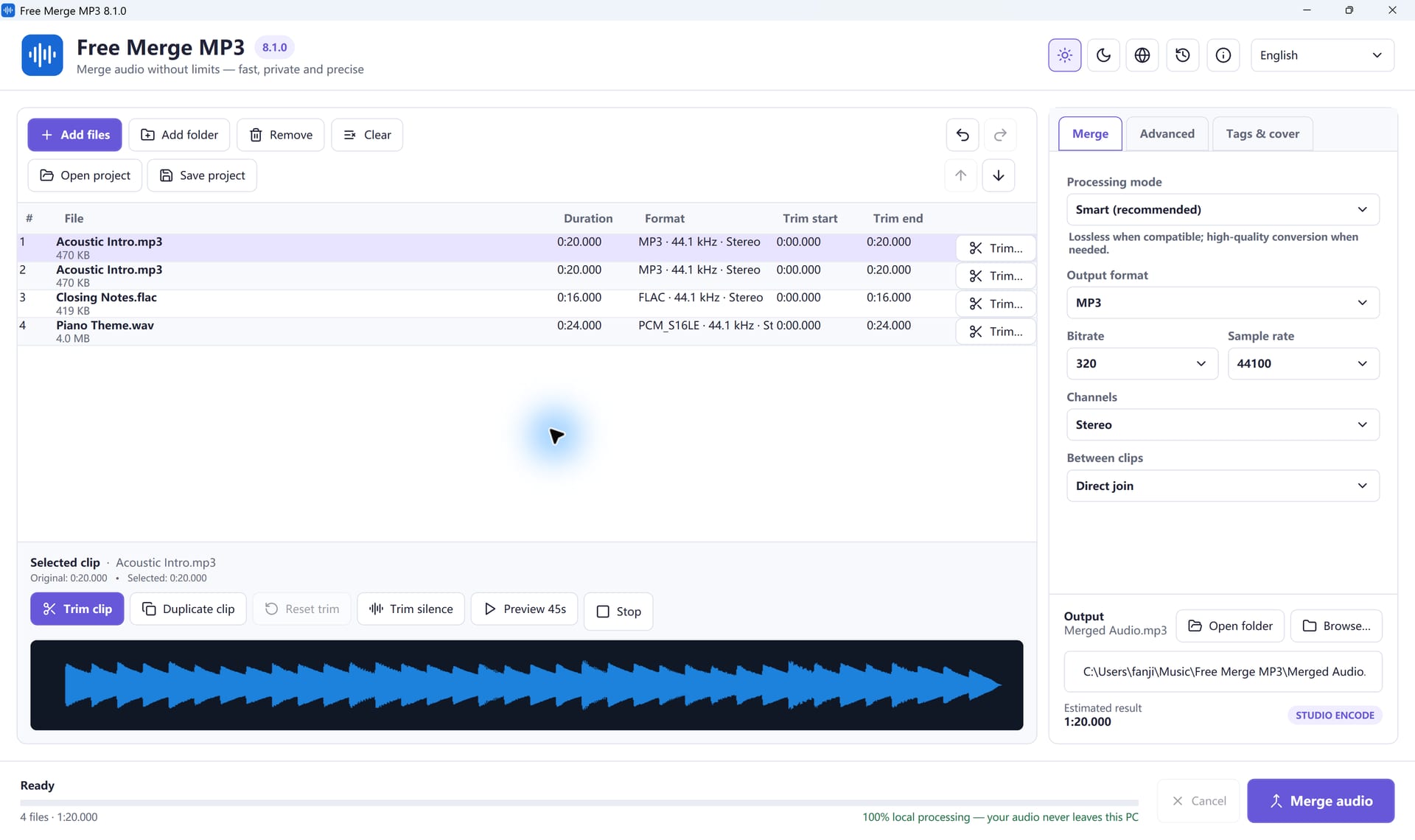 Free Merge MP3 joining MP3, FLAC and WAV files into one track