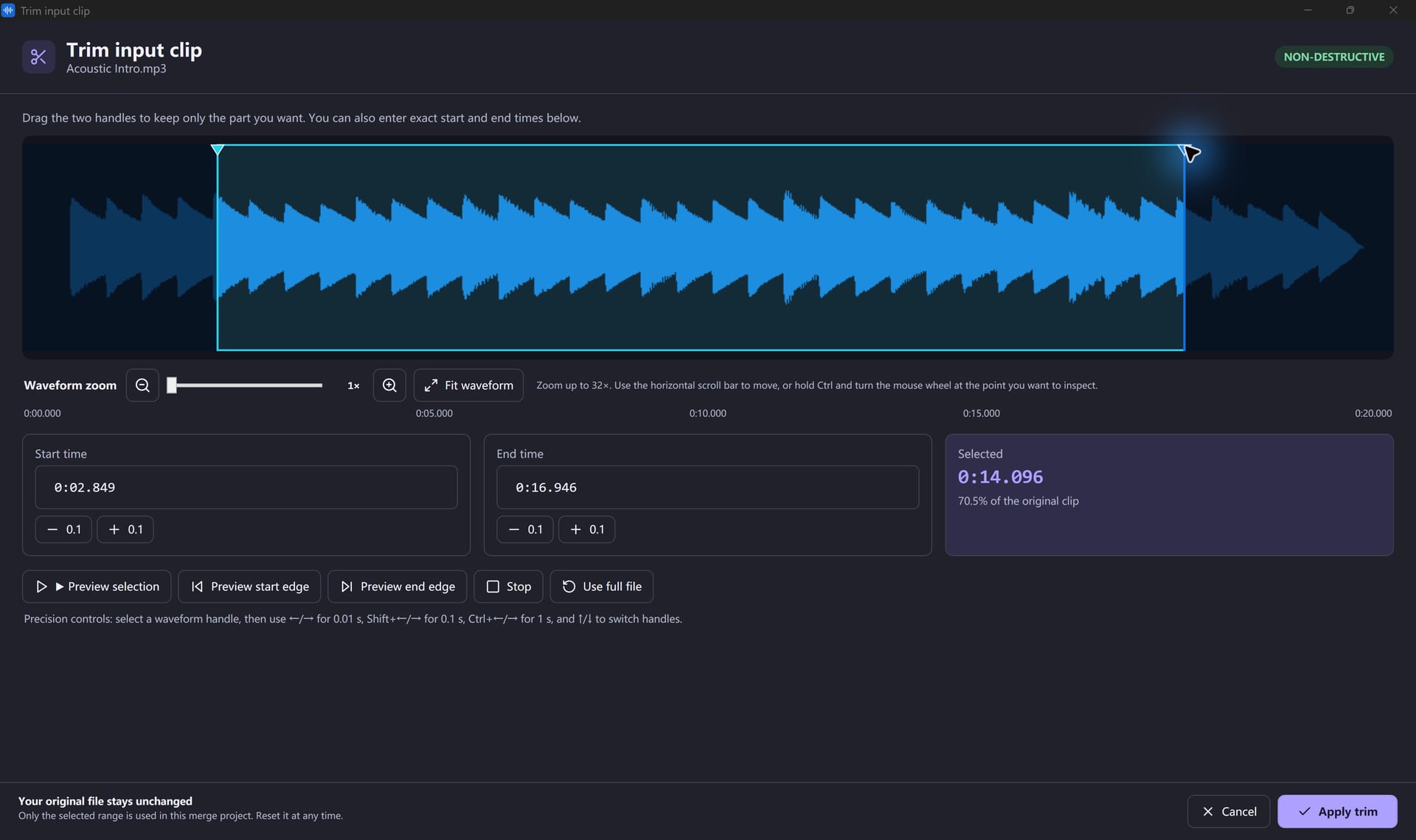 Trim workspace with waveform and time fields