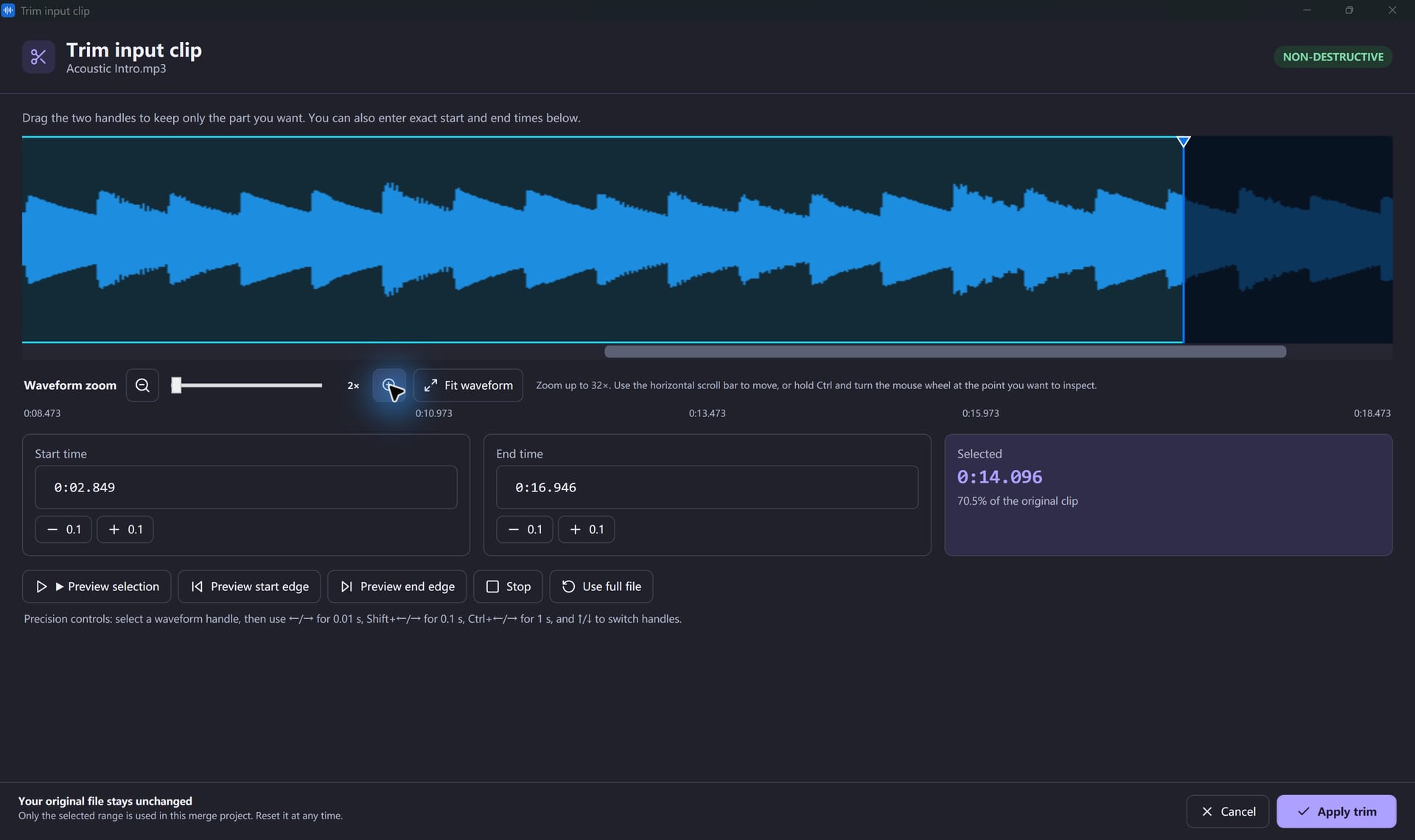 Waveform zoom up to 32×